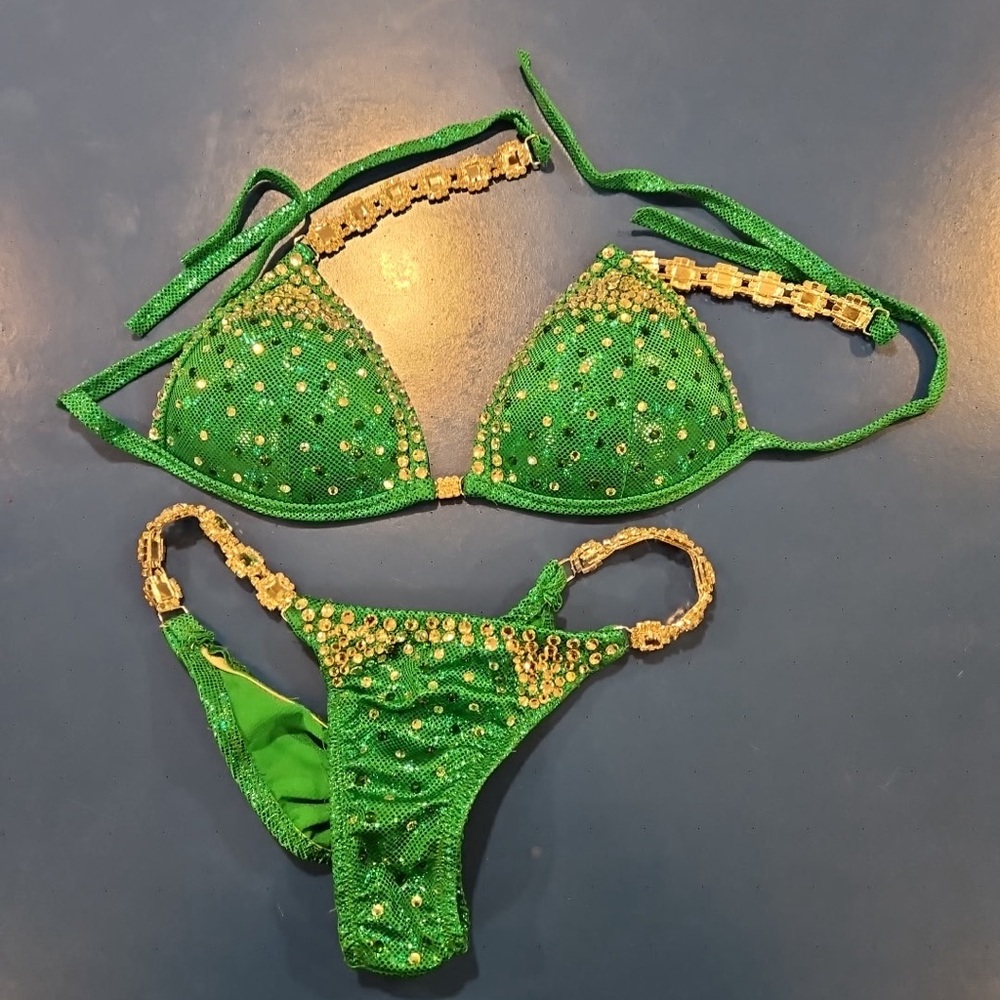 Green Embellished Bikini Set